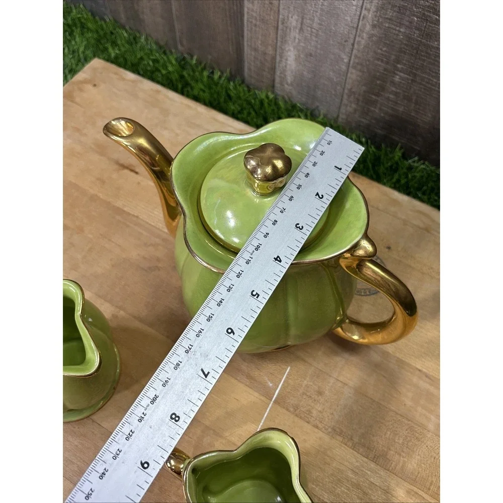 Vintage Pearl China Lime Green Lusterware Tea Set 22K Gold Teapot Creamer Sugar